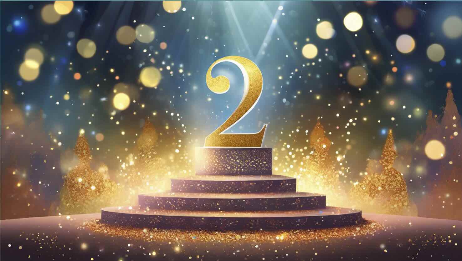 Det gyllene talet 2 står på en treskiktad, mörk lila podium, omgivet av glitter och ljus; bakgrunden fylls av blått sken och skimrande träd i guld, som ger festlig stämning.