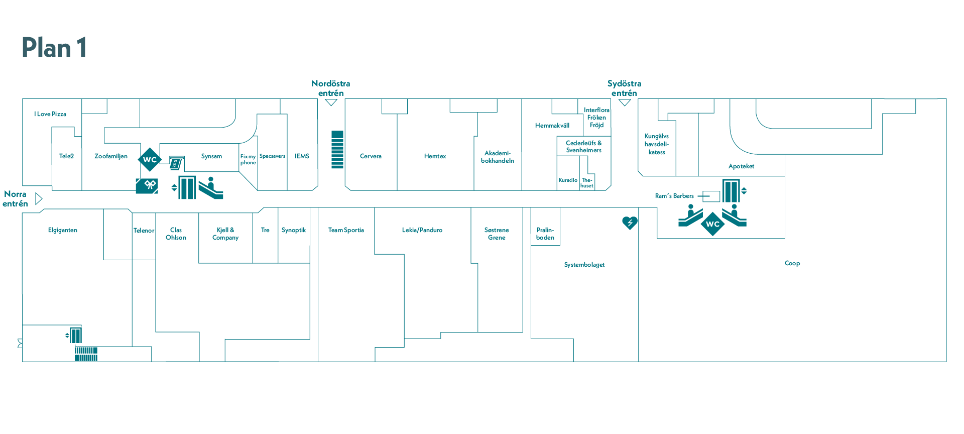 Planskiss över plan 1 på Kongahälla Center.