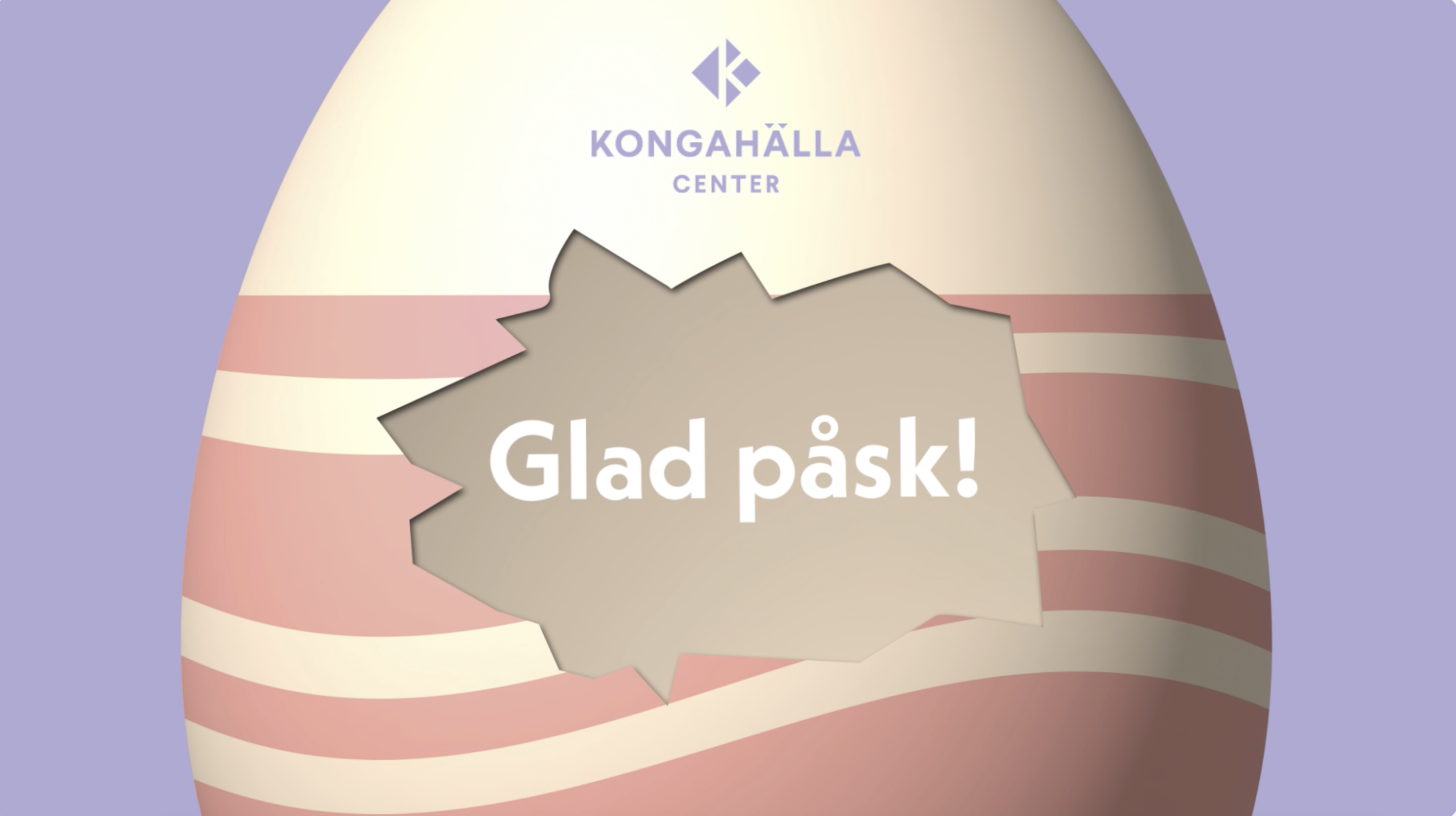 Lila bakgrund, ett kläckt ägg med rosa ränder och texten Glad Påsk!