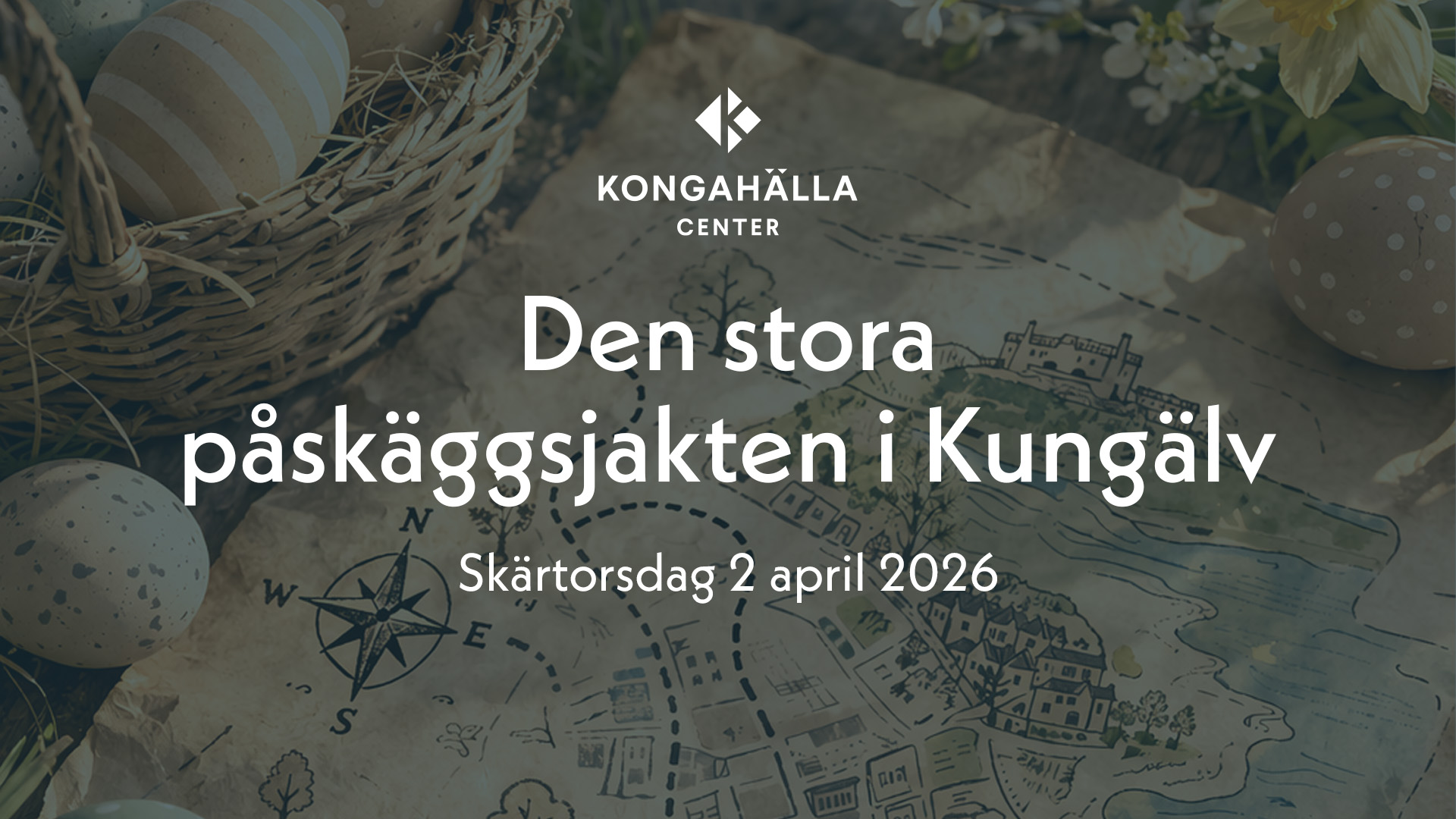 En mörk bild på en karta med texten Den stora påskäggsjakten i Kungälv