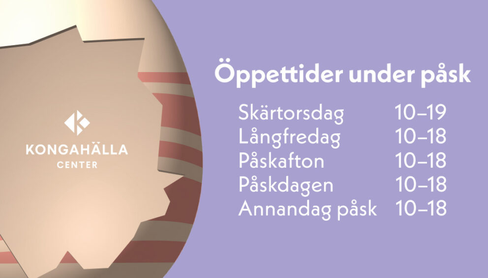 Lila bakgrund, ett krackelerat ägg och öppetider under påskdagarna