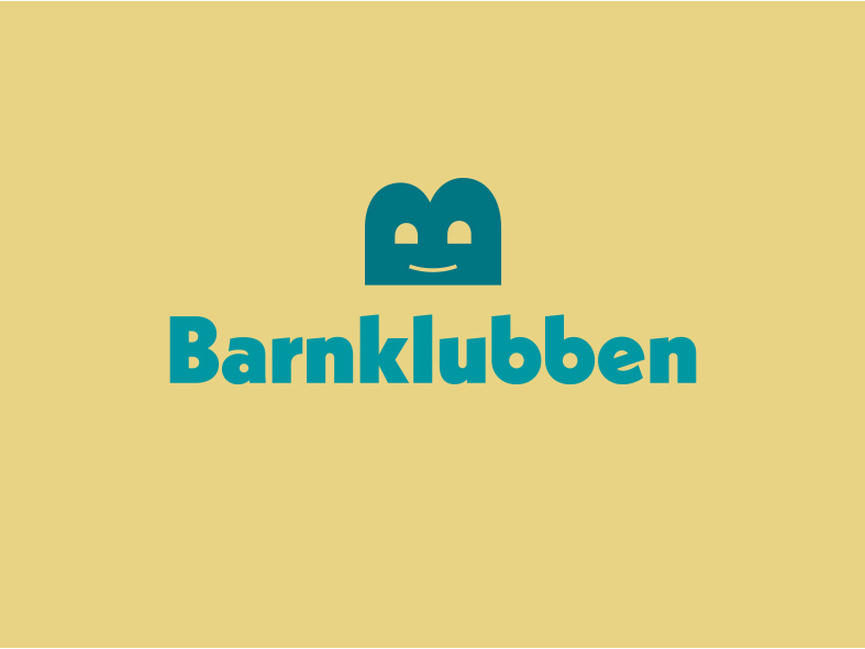 Gul bakgrund med blå/turkos text. Ett liggande stort B som formar en glad gubbe i mitten.