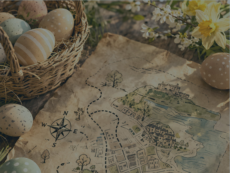 Målade ägg i en kort tillsammans med en skattkarta i en naturlig miljö.