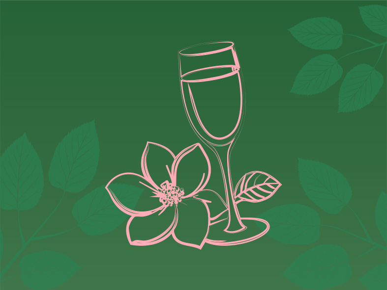 Grön bakgrund grönska som mönster. Handritad blomma och ett vinglas i centrum av bilden