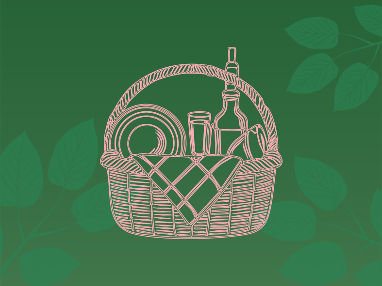 Grön bakgrund grönska som mönster. Handritat picknick-kit.
