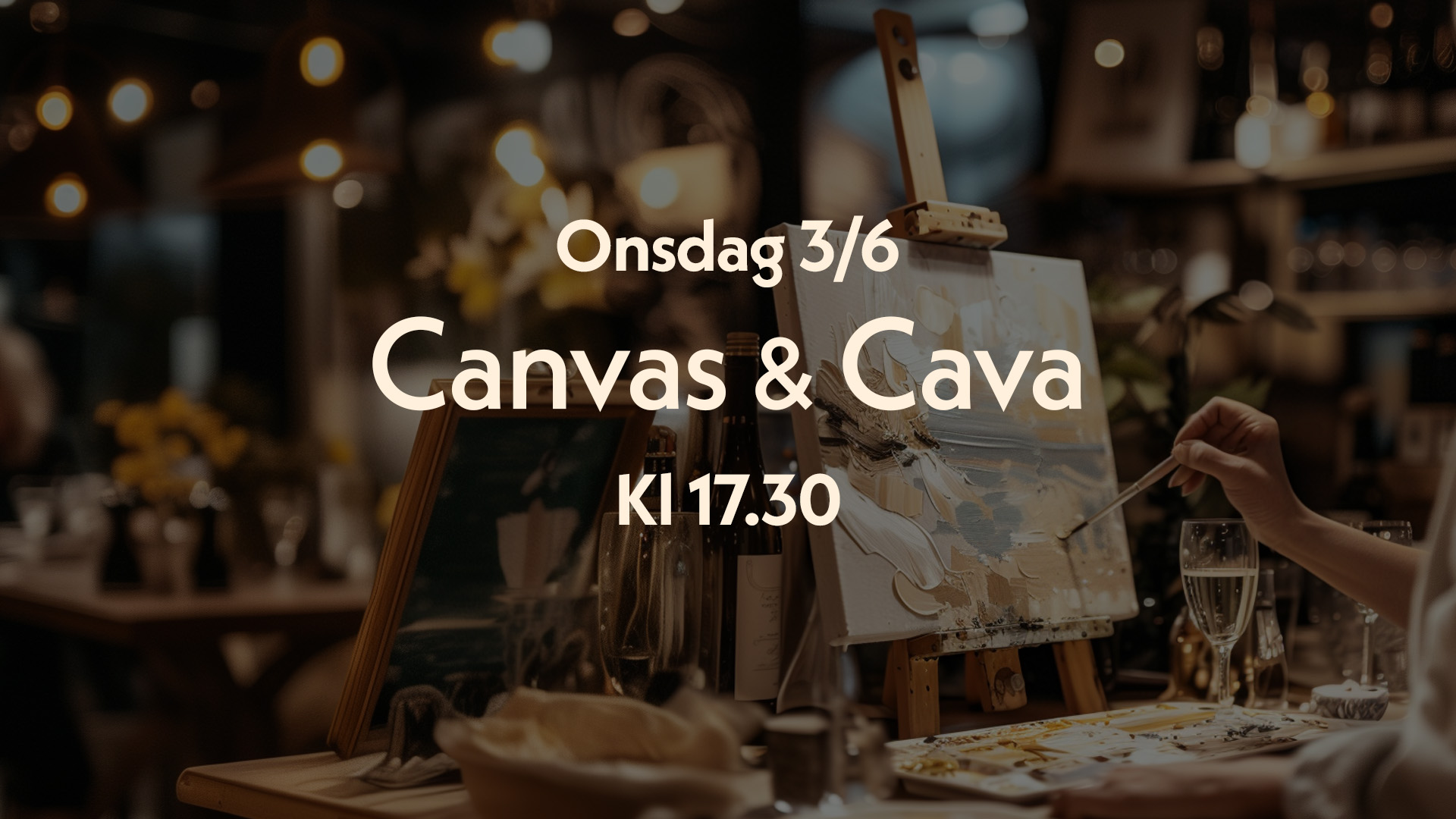 Texten Onsdag 3/6 Canvas & Cava kl 17.30 på en bakgrund av en tavla på ett staffli